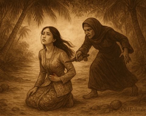 A sepia-toned illustration on aged parchment showing Princess Radin Mas Ayu kneeling on a forest path near the sea, clutching her wounded side as she looks upward with dignity. Behind her, a veiled stepmother dressed in dark robes lunges forward with a curved Malay keris in hand, surrounded by shadowy palm trees. The scene is tense and emotional, capturing the moment of betrayal in the legend of Radin Mas Ayu. The words “OldFolktales.com” appear in calligraphy at the bottom right.