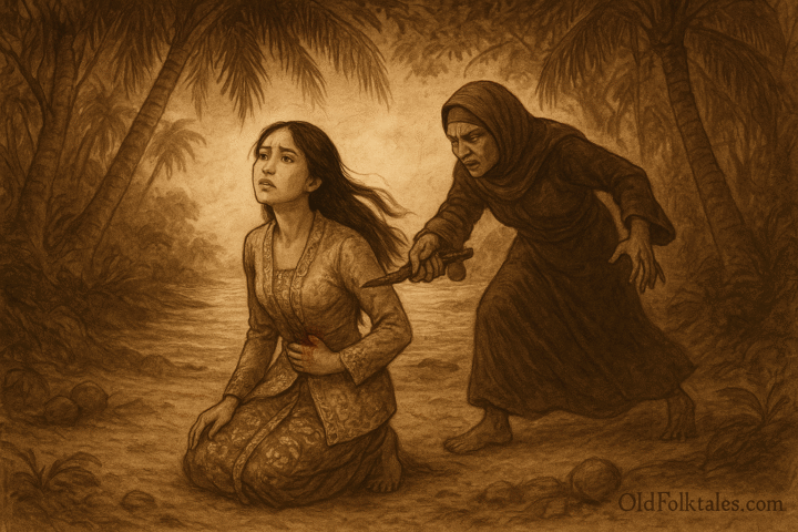 A sepia-toned illustration on aged parchment showing Princess Radin Mas Ayu kneeling on a forest path near the sea, clutching her wounded side as she looks upward with dignity. Behind her, a veiled stepmother dressed in dark robes lunges forward with a curved Malay keris in hand, surrounded by shadowy palm trees. The scene is tense and emotional, capturing the moment of betrayal in the legend of Radin Mas Ayu. The words “OldFolktales.com” appear in calligraphy at the bottom right.