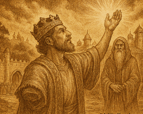 Sepia-toned parchment illustration of Raja Si Kudung, the one-armed prince, standing before the gates of a grand Malay palace with his miraculously restored hands glowing faintly. Beside him stands Tok Sheikh, the wise hermit, in flowing robes. Villagers and courtiers gather in awe, witnessing the divine vindication. The background features ornate palace towers, tropical trees, and a golden sky symbolizing justice and truth. “OldFolktales.com” is inscribed at the bottom right.