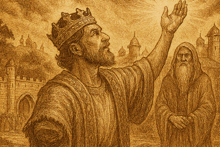 Sepia-toned parchment illustration of Raja Si Kudung, the one-armed prince, standing before the gates of a grand Malay palace with his miraculously restored hands glowing faintly. Beside him stands Tok Sheikh, the wise hermit, in flowing robes. Villagers and courtiers gather in awe, witnessing the divine vindication. The background features ornate palace towers, tropical trees, and a golden sky symbolizing justice and truth. “OldFolktales.com” is inscribed at the bottom right.