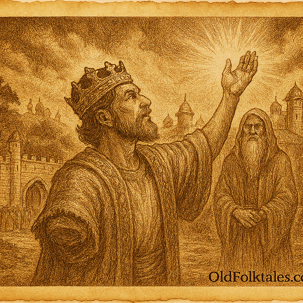 Sepia-toned parchment illustration of Raja Si Kudung, the one-armed prince, standing before the gates of a grand Malay palace with his miraculously restored hands glowing faintly. Beside him stands Tok Sheikh, the wise hermit, in flowing robes. Villagers and courtiers gather in awe, witnessing the divine vindication. The background features ornate palace towers, tropical trees, and a golden sky symbolizing justice and truth. “OldFolktales.com” is inscribed at the bottom right.