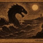 Parchment-style illustration of Rannamaari rising from the sea, iconic Maldivian folktale scene.