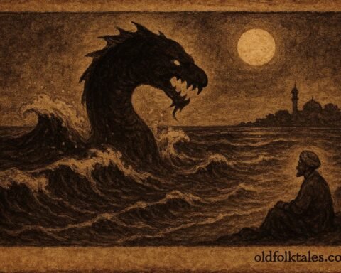 Parchment-style illustration of Rannamaari rising from the sea, iconic Maldivian folktale scene.