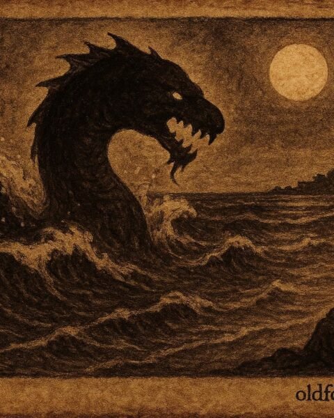 Parchment-style illustration of Rannamaari rising from the sea, iconic Maldivian folktale scene.