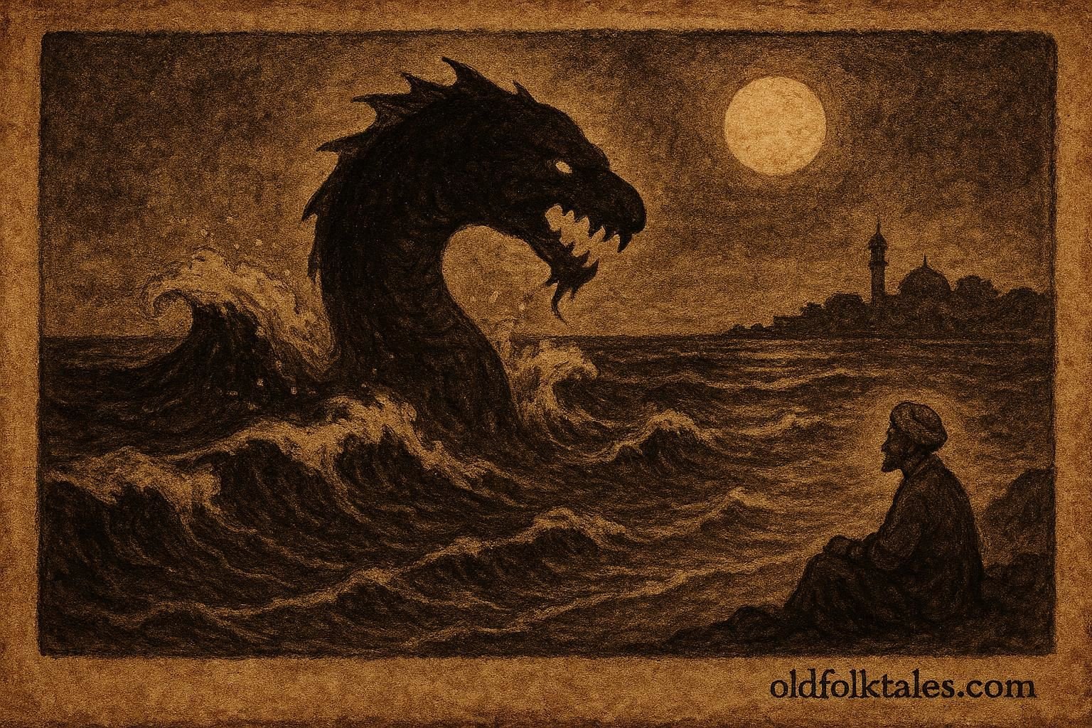 Parchment-style illustration of Rannamaari rising from the sea, iconic Maldivian folktale scene.