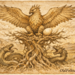 Parchment-style artwork of Samruk atop the World Tree guarding the golden egg, Kazakhstan folktale.