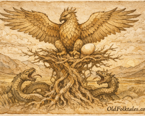 Parchment-style artwork of Samruk atop the World Tree guarding the golden egg, Kazakhstan folktale.