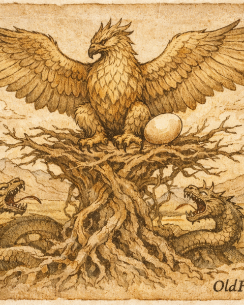 Parchment-style artwork of Samruk atop the World Tree guarding the golden egg, Kazakhstan folktale.