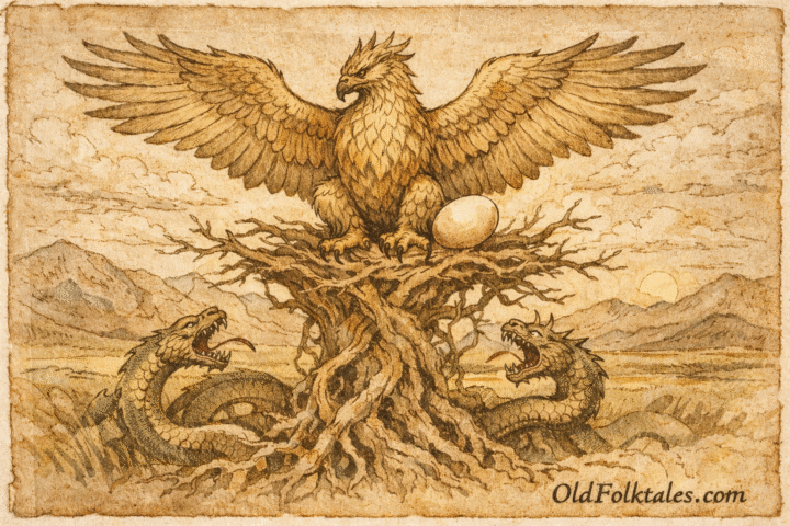 Parchment-style artwork of Samruk atop the World Tree guarding the golden egg, Kazakhstan folktale.