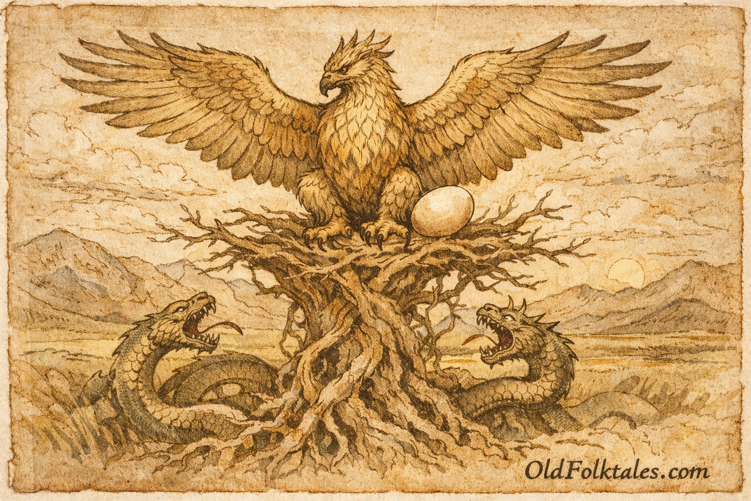 Parchment-style artwork of Samruk atop the World Tree guarding the golden egg, Kazakhstan folktale.