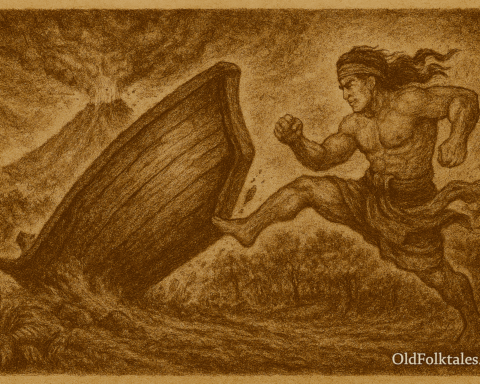 Sepia-toned illustration on aged parchment showing Sangkuriang, a muscular warrior with flowing hair and a headband, in mid-kick as he propels a massive wooden boat into the air. His face is contorted in rage, and his sarong flutters with the force of his movement. The boat, with its curved hull and textured planks, is flipping upside down toward a volcanic mountain erupting in the background. Smoke and ash billow from the summit, and lava flows down its slopes. Dense forest surrounds the scene, and “OldFolktales.com” is inscribed in the bottom right corner.