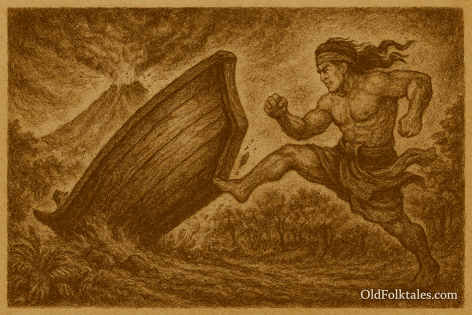 Sepia-toned illustration on aged parchment showing Sangkuriang, a muscular warrior with flowing hair and a headband, in mid-kick as he propels a massive wooden boat into the air. His face is contorted in rage, and his sarong flutters with the force of his movement. The boat, with its curved hull and textured planks, is flipping upside down toward a volcanic mountain erupting in the background. Smoke and ash billow from the summit, and lava flows down its slopes. Dense forest surrounds the scene, and “OldFolktales.com” is inscribed in the bottom right corner.