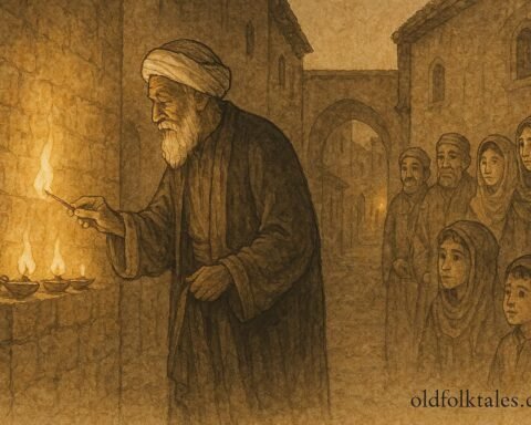 Parchment-style illustration of the Sheikh of the Lamps lighting oil lamps in a Syrian folktale scene.