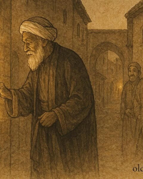 Parchment-style illustration of the Sheikh of the Lamps lighting oil lamps in a Syrian folktale scene.