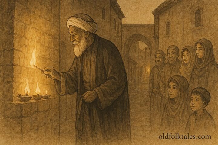 Parchment-style illustration of the Sheikh of the Lamps lighting oil lamps in a Syrian folktale scene.