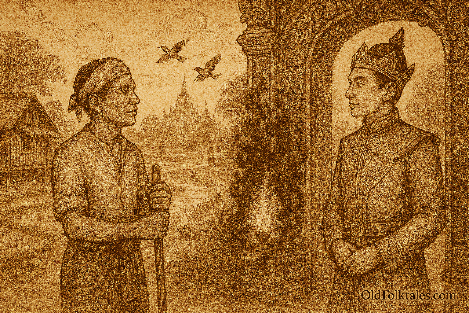 Sepia-toned illustration of ancient Burma showing a humble village beside a grand noble estate. In the foreground, Shin Mwe Lon, a simple farmer in homespun clothes, stands bravely before Min Nanda at an ornate gate as shadows of dark magic dissolve into light. Min Nanda, dressed in elegant noble attire, looks toward him with trust and gratitude. Teak houses, rice paddies, oil lamps, and distant palace roofs frame the scene, symbolizing courage, kindness, and true worth beyond social status.