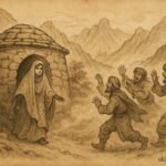 Parchment-style illustration of Shireen tricking a mountain bandit with henna stains, Afghan folktale scene.