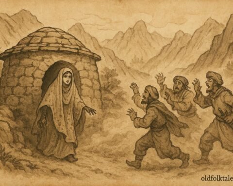 Parchment-style illustration of Shireen tricking a mountain bandit with henna stains, Afghan folktale scene.