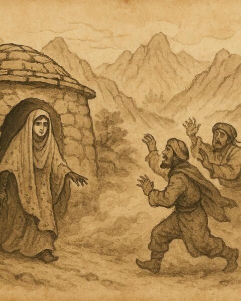 Parchment-style illustration of Shireen tricking a mountain bandit with henna stains, Afghan folktale scene.