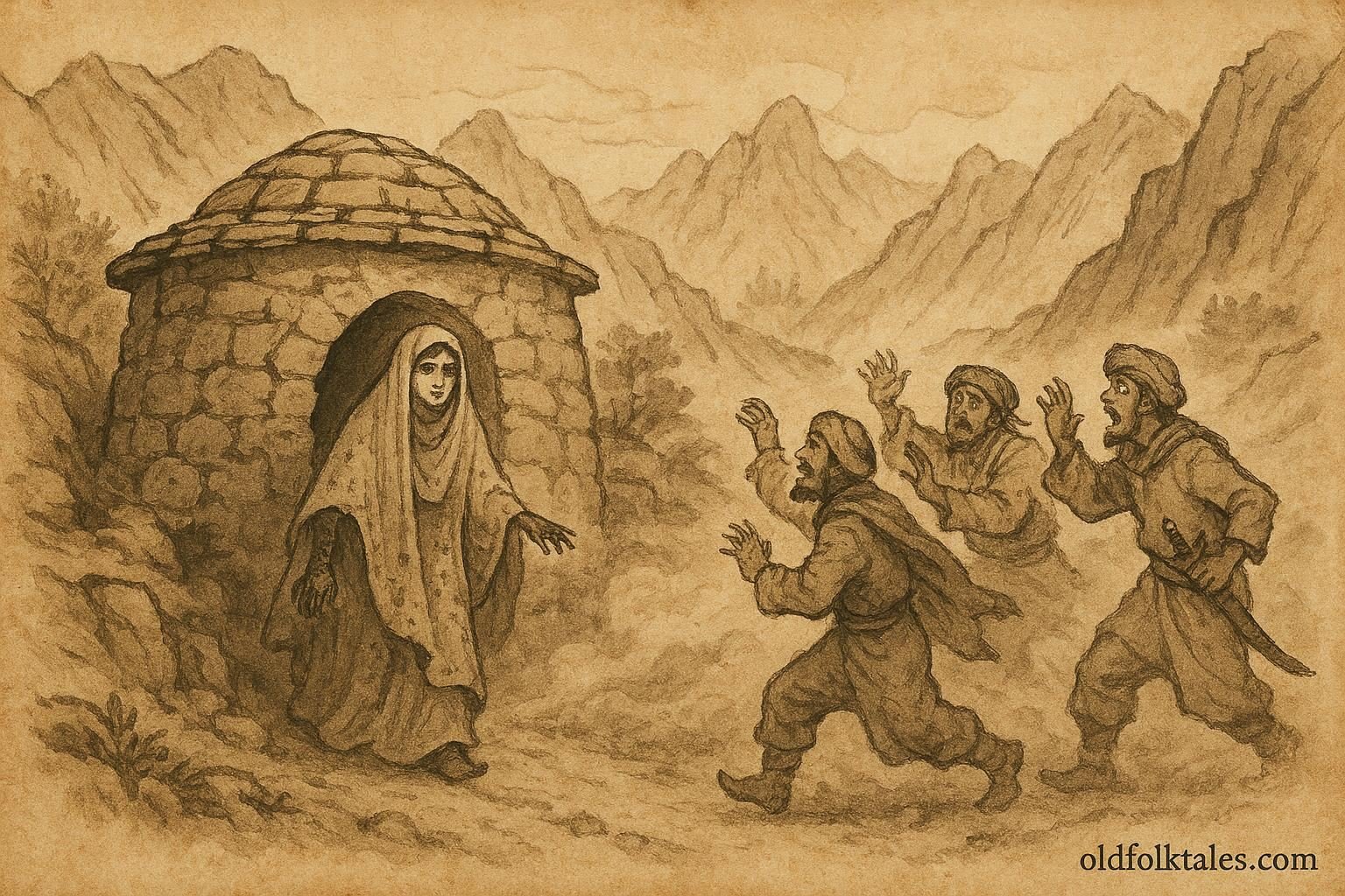 Parchment-style illustration of Shireen tricking a mountain bandit with henna stains, Afghan folktale scene.