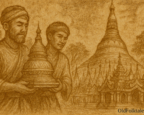 Sepia-toned parchment-style illustration depicting the ancient Myanmar legend of the Shwedagon Pagoda. In the foreground, two merchant brothers, Tapussa and Bhallika, carry a sacred golden stupa-shaped relic with reverent expressions. They wear traditional Burmese garments and headpieces. In the background, the majestic Shwedagon Pagoda rises with intricate spires, tiered roofs, and ornate carvings, surrounded by trees and swirling clouds. The scene evokes divine guidance and spiritual devotion. “OldFolktales.com” is inscribed at the bottom right corner.
