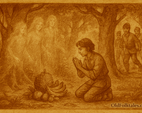 Sepia-toned parchment illustration of the Malaysian legend Si Anak Yatim dan Orang Halus. In a mystical forest clearing, a humble orphan boy kneels in gratitude before a bundle of ripe forest fruits placed on a banana leaf. Ethereal orang halus spirits shimmer gently among the trees, watching him with kindness. In the background, three villagers approach with greedy expressions, disturbing the forest’s peace. The scene captures the moment of spiritual harmony before it is broken by entitlement, rendered in warm sepia tones with aged parchment texture. “OldFolktales.com” is inscribed at the bottom right.