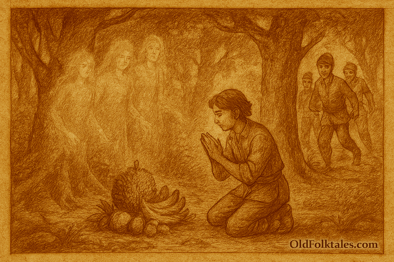 Sepia-toned parchment illustration of the Malaysian legend Si Anak Yatim dan Orang Halus. In a mystical forest clearing, a humble orphan boy kneels in gratitude before a bundle of ripe forest fruits placed on a banana leaf. Ethereal orang halus spirits shimmer gently among the trees, watching him with kindness. In the background, three villagers approach with greedy expressions, disturbing the forest’s peace. The scene captures the moment of spiritual harmony before it is broken by entitlement, rendered in warm sepia tones with aged parchment texture. “OldFolktales.com” is inscribed at the bottom right.