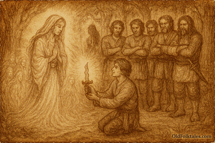 Sepia-toned parchment illustration depicting Si Bungsu, the humble youngest brother, kneeling in a mystical forest clearing as he receives a glowing sacred kris from a radiant forest spirit. Behind them, six elder brothers stand in a semi-circle, their expressions filled with awe and remorse. Towering ancient trees surround the scene, casting shadows and light that evoke reverence and magic. “OldFolktales.com” is inscribed at the bottom right.