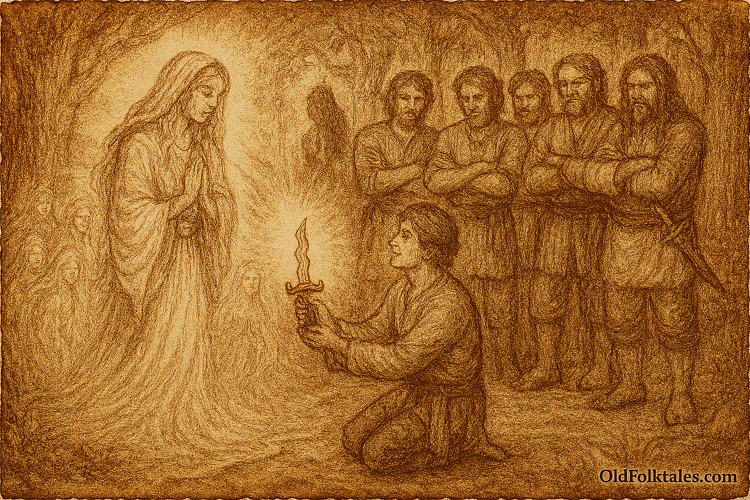 Sepia-toned parchment illustration depicting Si Bungsu, the humble youngest brother, kneeling in a mystical forest clearing as he receives a glowing sacred kris from a radiant forest spirit. Behind them, six elder brothers stand in a semi-circle, their expressions filled with awe and remorse. Towering ancient trees surround the scene, casting shadows and light that evoke reverence and magic. “OldFolktales.com” is inscribed at the bottom right.