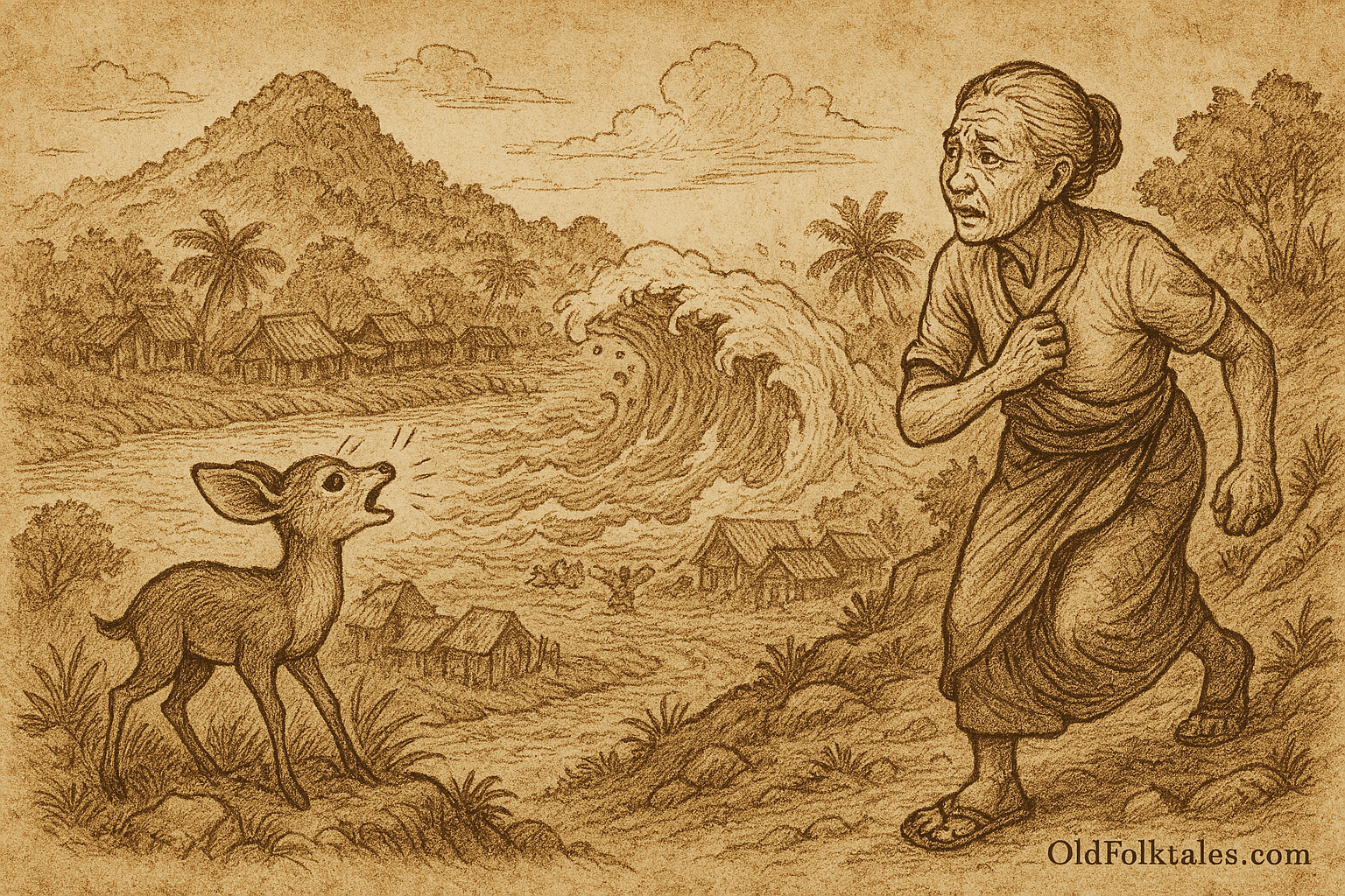 Sepia-toned parchment illustration of the South Sumatran folktale Si Kancil and the Widow of Bukit Siguntang. In the foreground, a poor elderly widow in a wrapped sarong climbs a hillside path with urgency, her face filled with concern as she looks back. Beside her, Si Kancil, a small mousedeer with large ears and slender legs, stands on a rocky outcrop, mouth open in a warning cry. In the background, a massive tidal bore crashes into the riverside village, sweeping away bamboo huts and palm trees. The Musi River churns violently, while Bukit Siguntang rises behind them like a protective sentinel. “OldFolktales.com” is inscribed at the bottom right.