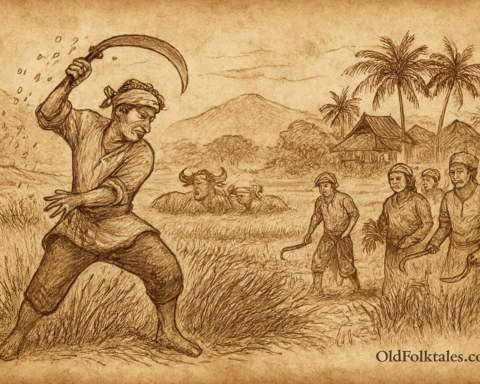Sepia-toned illustration on aged rice parchment depicting a Bruneian folktale scene in a rural kampong. Si Paloian stands in his rice field, swinging a large scythe with frustration as rice grains scatter into the mud. His field is tangled with weeds and brittle stalks, showing signs of neglect. Nearby, three villagers in traditional attire pause their careful harvesting with hand sickles, watching with concern. In the background, water buffalo rest near neat rice paddies and stilted thatched-roof houses under coconut palms. “OldFolktales.com” is inscribed at the bottom right corner.