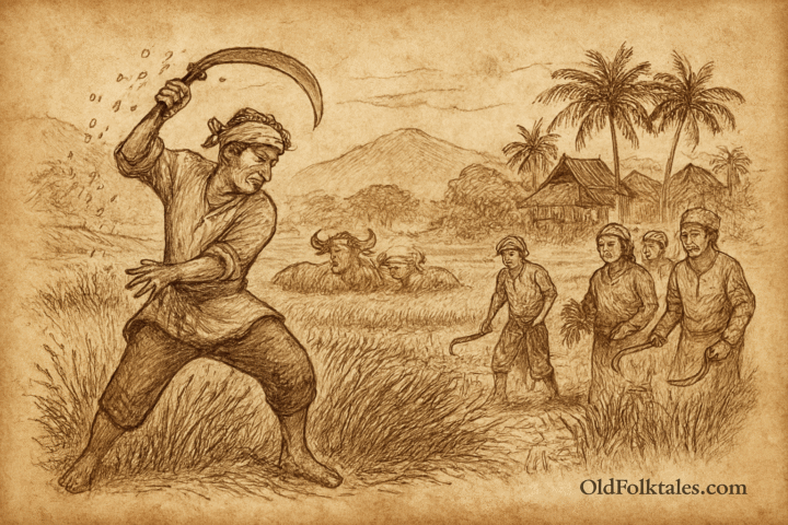 Sepia-toned illustration on aged rice parchment depicting a Bruneian folktale scene in a rural kampong. Si Paloian stands in his rice field, swinging a large scythe with frustration as rice grains scatter into the mud. His field is tangled with weeds and brittle stalks, showing signs of neglect. Nearby, three villagers in traditional attire pause their careful harvesting with hand sickles, watching with concern. In the background, water buffalo rest near neat rice paddies and stilted thatched-roof houses under coconut palms. “OldFolktales.com” is inscribed at the bottom right corner.