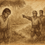 Sepia-toned illustration on aged rice parchment showing a folktale scene in the Bruneian jungle: a slumped young man with downcast eyes stands alone on the left, while four stern youths on the right led by one pointing decisively, prepare to abandon him. Dense tropical foliage, a winding river, and forked jungle trails frame the background. "OldFolktales.com" is inscribed at the bottom right.