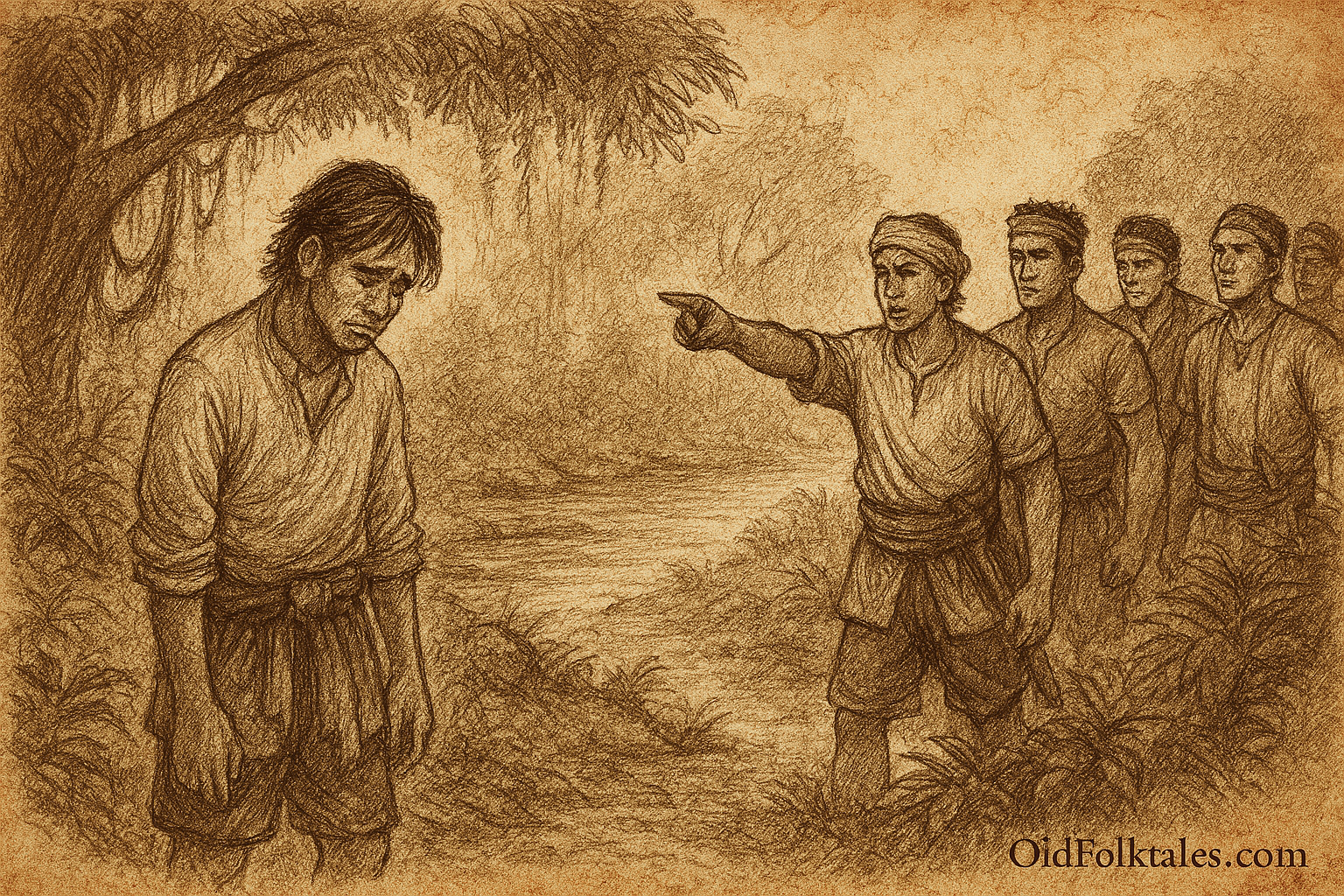 Sepia-toned illustration on aged rice parchment showing a folktale scene in the Bruneian jungle: a slumped young man with downcast eyes stands alone on the left, while four stern youths on the right led by one pointing decisively, prepare to abandon him. Dense tropical foliage, a winding river, and forked jungle trails frame the background. "OldFolktales.com" is inscribed at the bottom right.