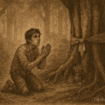 Sepia-toned illustration on aged rice parchment depicting a Malaysian folktale scene: a proud young man, Si Pemuda, strides defiantly past towering jungle trees wrapped in yellow cloth, marking the boundary of the forbidden forest. His posture is confident, while worried elders and family members stand behind him at the forest’s edge, pleading and fearful. Inside the forest, shadows twist unnaturally, ghostly lights flicker, and a distant figure with glowing eyes watches from the mist. The dense canopy and ancient trees create an eerie, sacred atmosphere. “OldFolktales.com” is inscribed in the bottom right corner.