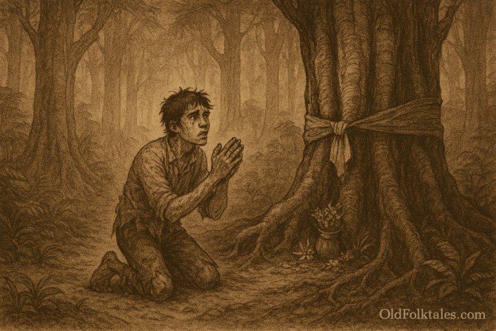 Sepia-toned illustration on aged rice parchment depicting a Malaysian folktale scene: a proud young man, Si Pemuda, strides defiantly past towering jungle trees wrapped in yellow cloth, marking the boundary of the forbidden forest. His posture is confident, while worried elders and family members stand behind him at the forest’s edge, pleading and fearful. Inside the forest, shadows twist unnaturally, ghostly lights flicker, and a distant figure with glowing eyes watches from the mist. The dense canopy and ancient trees create an eerie, sacred atmosphere. “OldFolktales.com” is inscribed in the bottom right corner.