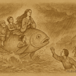 Sepia-toned parchment-style illustration of a Bruneian folktale scene. A colossal magical fish leaps from floodwaters, carrying three villagers on its back—a praying woman, a young boy, and an elder man—while rain pours from stormy skies. In the foreground, more villagers wade through rising water, reaching toward the fish. Stilt houses and trees appear in the background. 'OldFolktales.com' is inscribed at the bottom right.