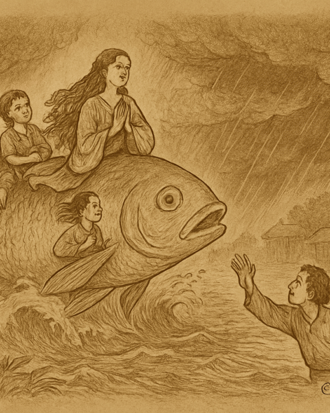 Sepia-toned parchment-style illustration of a Bruneian folktale scene. A colossal magical fish leaps from floodwaters, carrying three villagers on its back—a praying woman, a young boy, and an elder man—while rain pours from stormy skies. In the foreground, more villagers wade through rising water, reaching toward the fish. Stilt houses and trees appear in the background. 'OldFolktales.com' is inscribed at the bottom right.