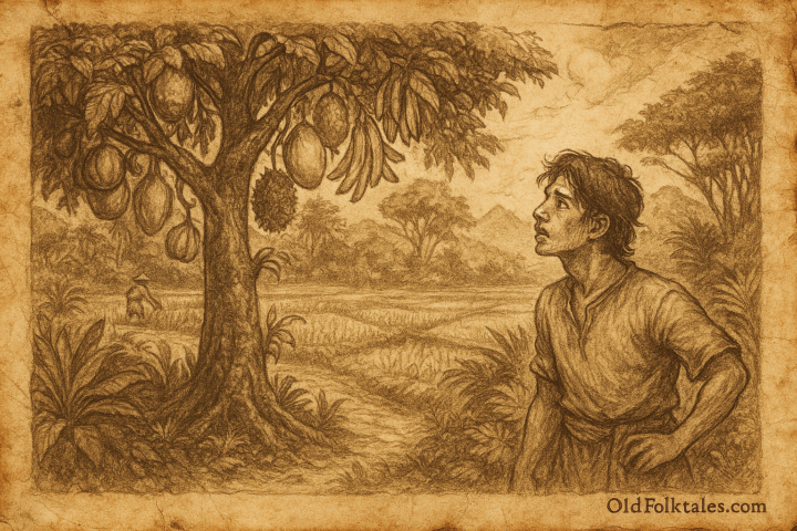 Sepia-toned folktale illustration on aged parchment showing Si Tugal, a young villager in simple clothing, gazing in awe at a magical fruit tree in a jungle clearing. The tree glows with ethereal light and bears radiant mangoes, rambutans, durians, and bananas. Sunlight filters through dense tropical foliage, and rice paddies stretch into the background. The scene captures the moment of wonder and temptation, reflecting the beginning of Si Tugal’s journey from laziness to transformation. “OldFolktales.com” is inscribed at the bottom right.