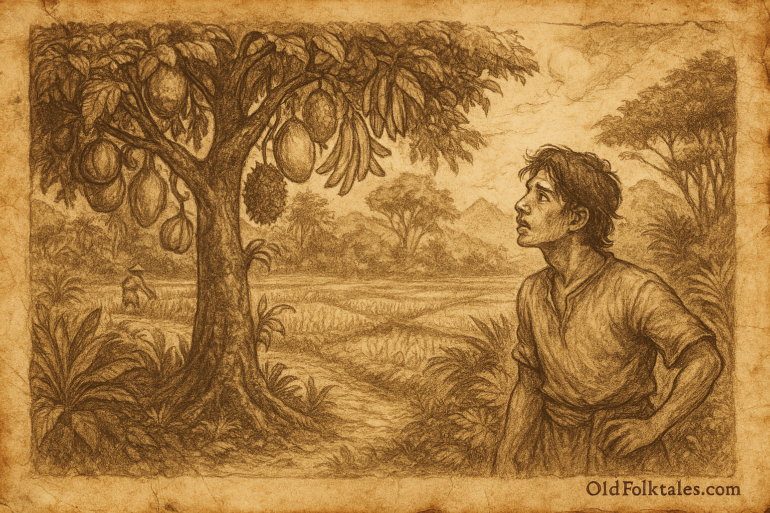 Sepia-toned folktale illustration on aged parchment showing Si Tugal, a young villager in simple clothing, gazing in awe at a magical fruit tree in a jungle clearing. The tree glows with ethereal light and bears radiant mangoes, rambutans, durians, and bananas. Sunlight filters through dense tropical foliage, and rice paddies stretch into the background. The scene captures the moment of wonder and temptation, reflecting the beginning of Si Tugal’s journey from laziness to transformation. “OldFolktales.com” is inscribed at the bottom right.