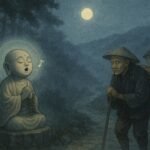 Stone Jizo statue glowing softly on a misty mountain path with travelers bowing respectfully, symbolizing protection and guidance.