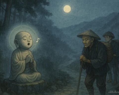 Stone Jizo statue glowing softly on a misty mountain path with travelers bowing respectfully, symbolizing protection and guidance.