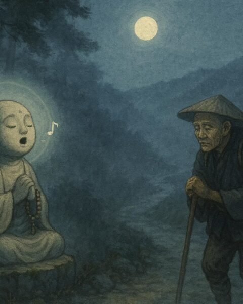 Stone Jizo statue glowing softly on a misty mountain path with travelers bowing respectfully, symbolizing protection and guidance.