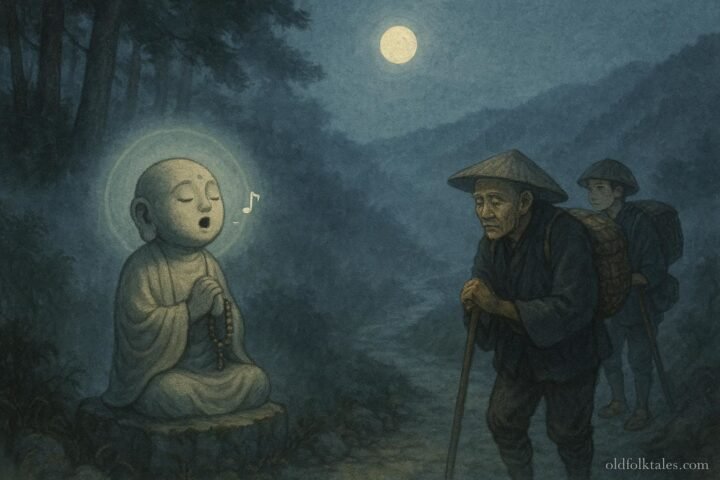 Stone Jizo statue glowing softly on a misty mountain path with travelers bowing respectfully, symbolizing protection and guidance.