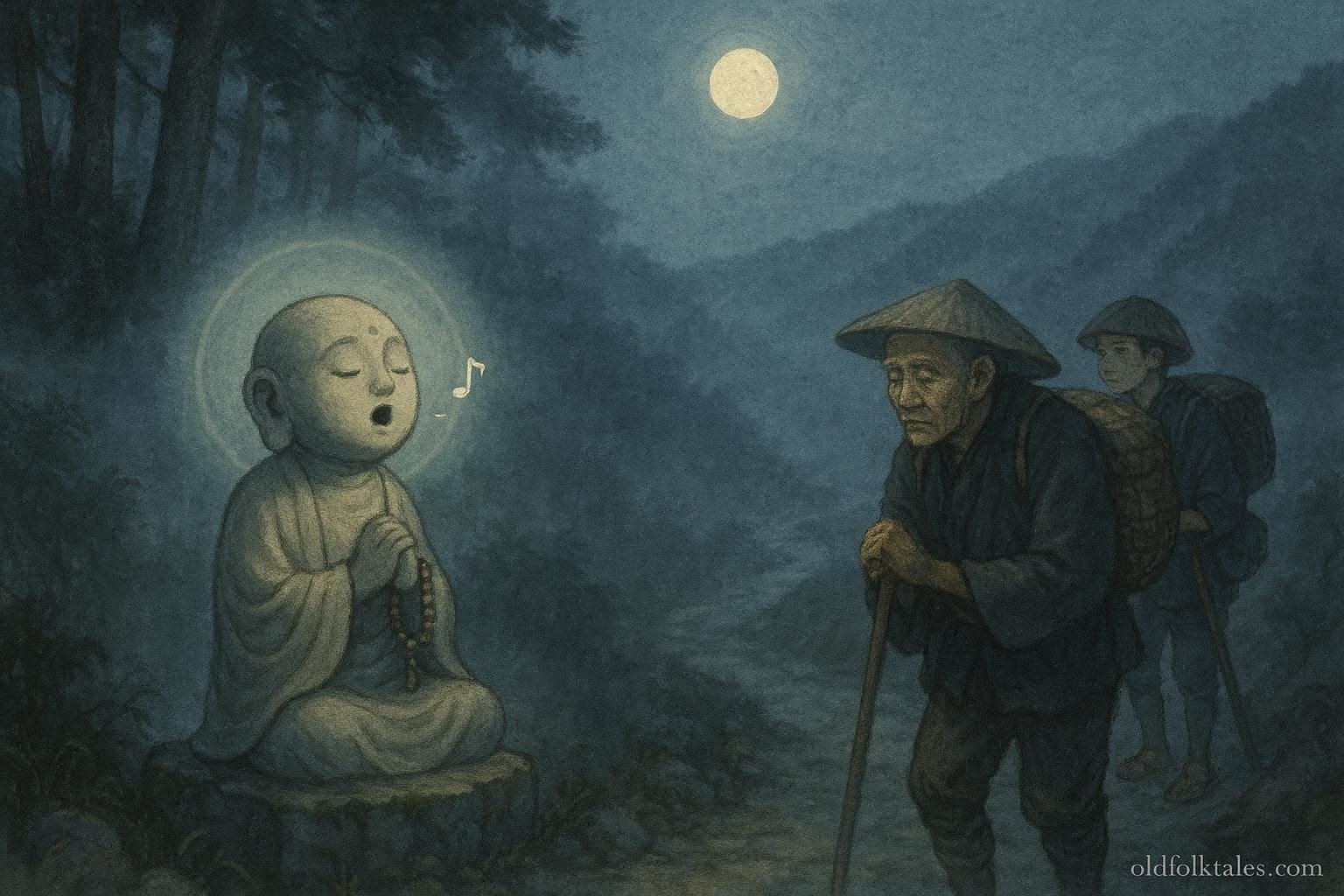 Stone Jizo statue glowing softly on a misty mountain path with travelers bowing respectfully, symbolizing protection and guidance.