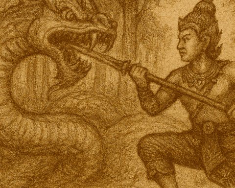 Sepia-toned parchment-style illustration depicting the Lao folktale hero Sinxay battling a colossal serpent in an enchanted forest. Sinxay, wearing an ornate headdress and traditional patterned garments, crouches in a combat stance, thrusting a long spear into the serpent’s open mouth. The serpent towers over him with bulging eyes, sharp teeth, and coiled body covered in gleaming scales. Ancient trees with gnarled trunks and dense foliage frame the scene, while mist curls around the forest floor. “OldFolktales.com” is inscribed at the bottom right corner.