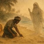 Parchment-style artwork of Maldivian fisherman encountering Fanḍita among sacred grove.