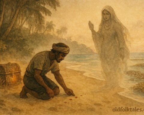 Parchment-style artwork of Maldivian fisherman encountering Fanḍita among sacred grove.