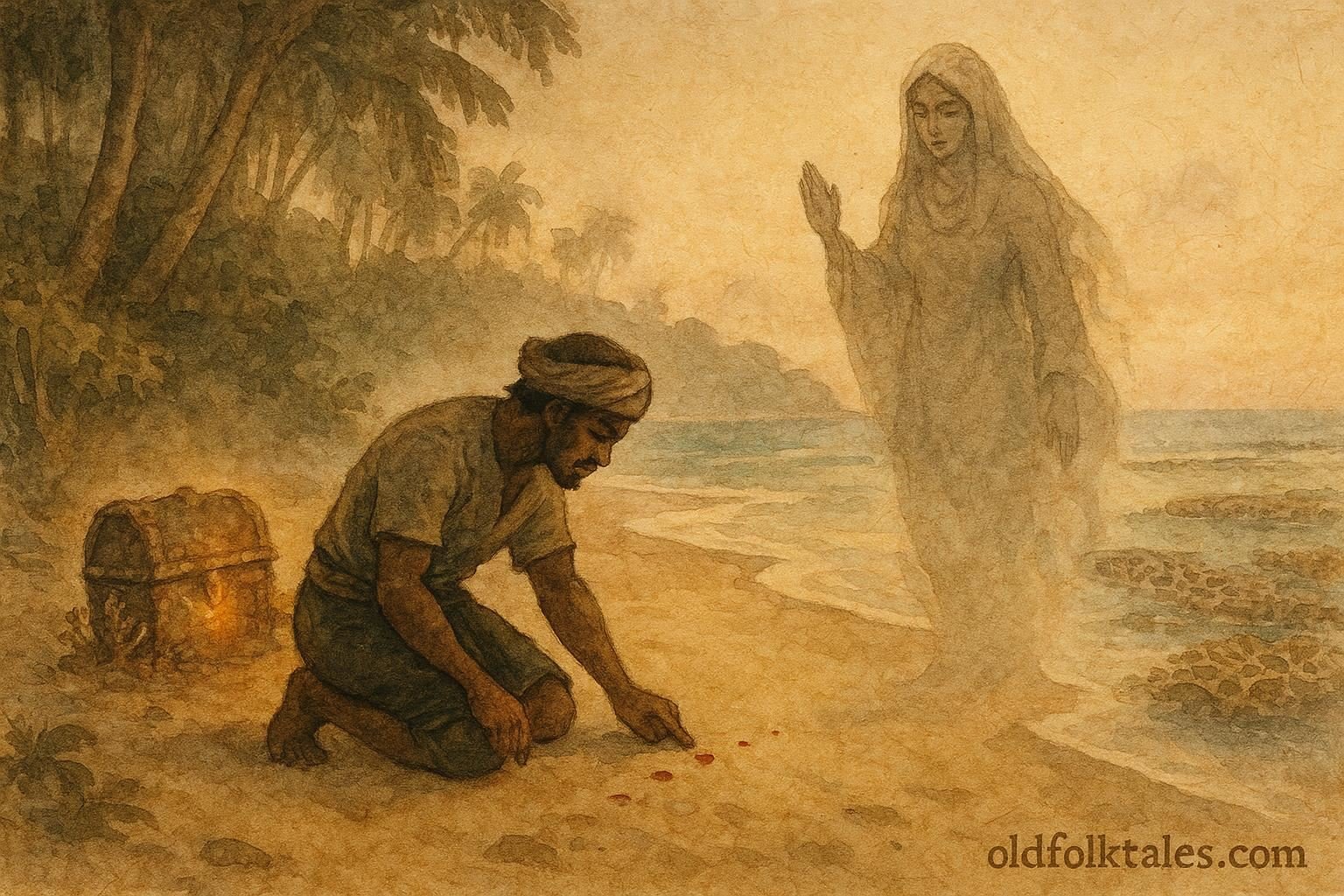 Parchment-style artwork of Maldivian fisherman encountering Fanḍita among sacred grove.