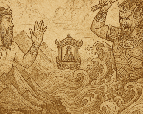 Sepia-toned parchment-style illustration depicting the Vietnamese legend of Sơn Tinh and Thủy Tinh. On the left, Sơn Tinh, the Mountain God, stands atop jagged peaks with arms raised, commanding the earth. On the right, Thủy Tinh, the Sea God, emerges from crashing waves, wielding a curved sword and roaring in fury. Between them, Princess Mỵ Nương sits calmly inside an ornate palanquin, carried away from the conflict. The background features swirling clouds, rising mountains, and turbulent seas. “OldFolktales.com” is inscribed at the bottom right corner